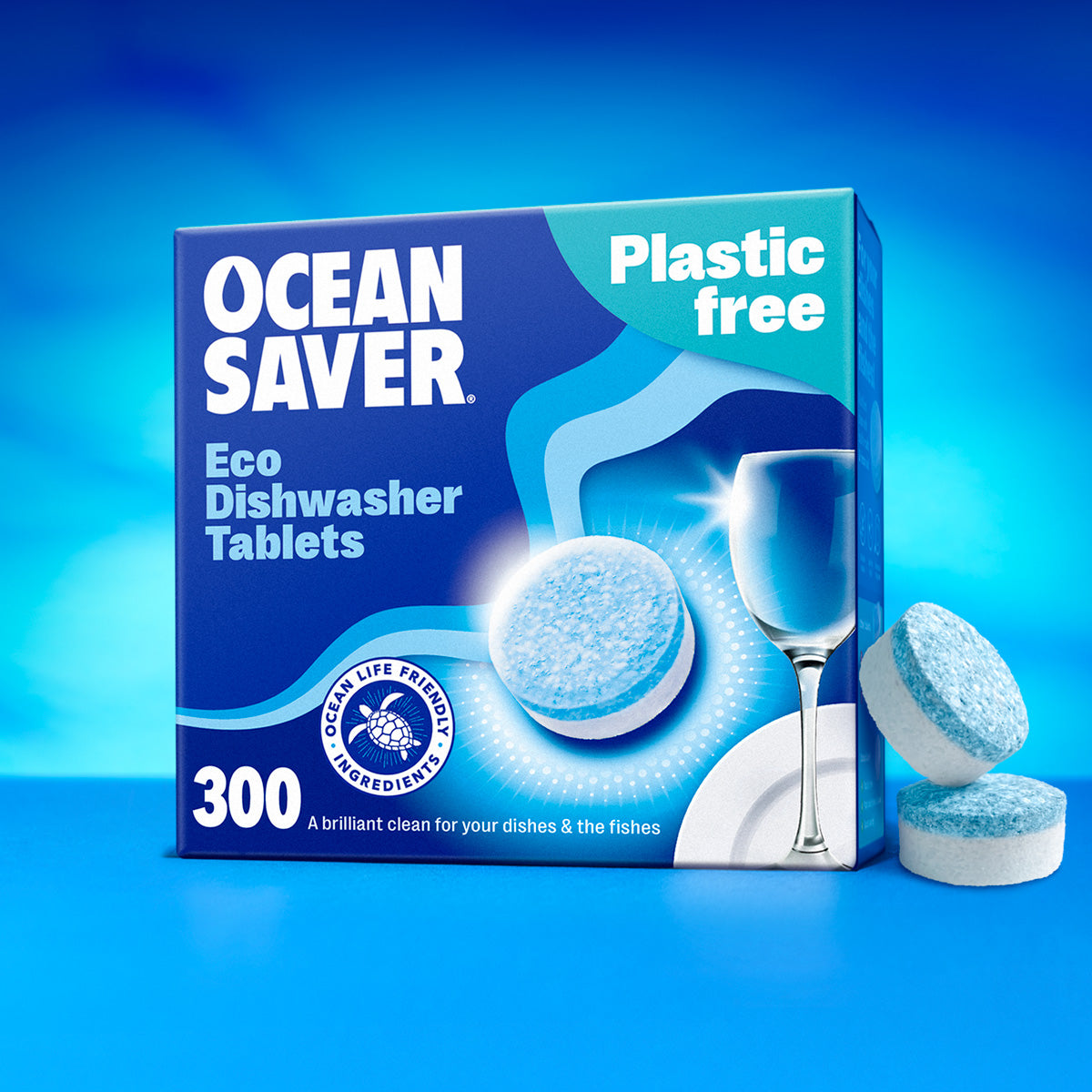 Box of Ocean Saver eco dishwasher tablets labeled plastic-free.